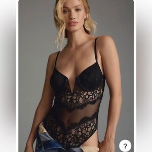 ANTHROPOLOGIE INTIMATES V-WIRE LACE ONE-PIECE BODYSUIT BLACK XS